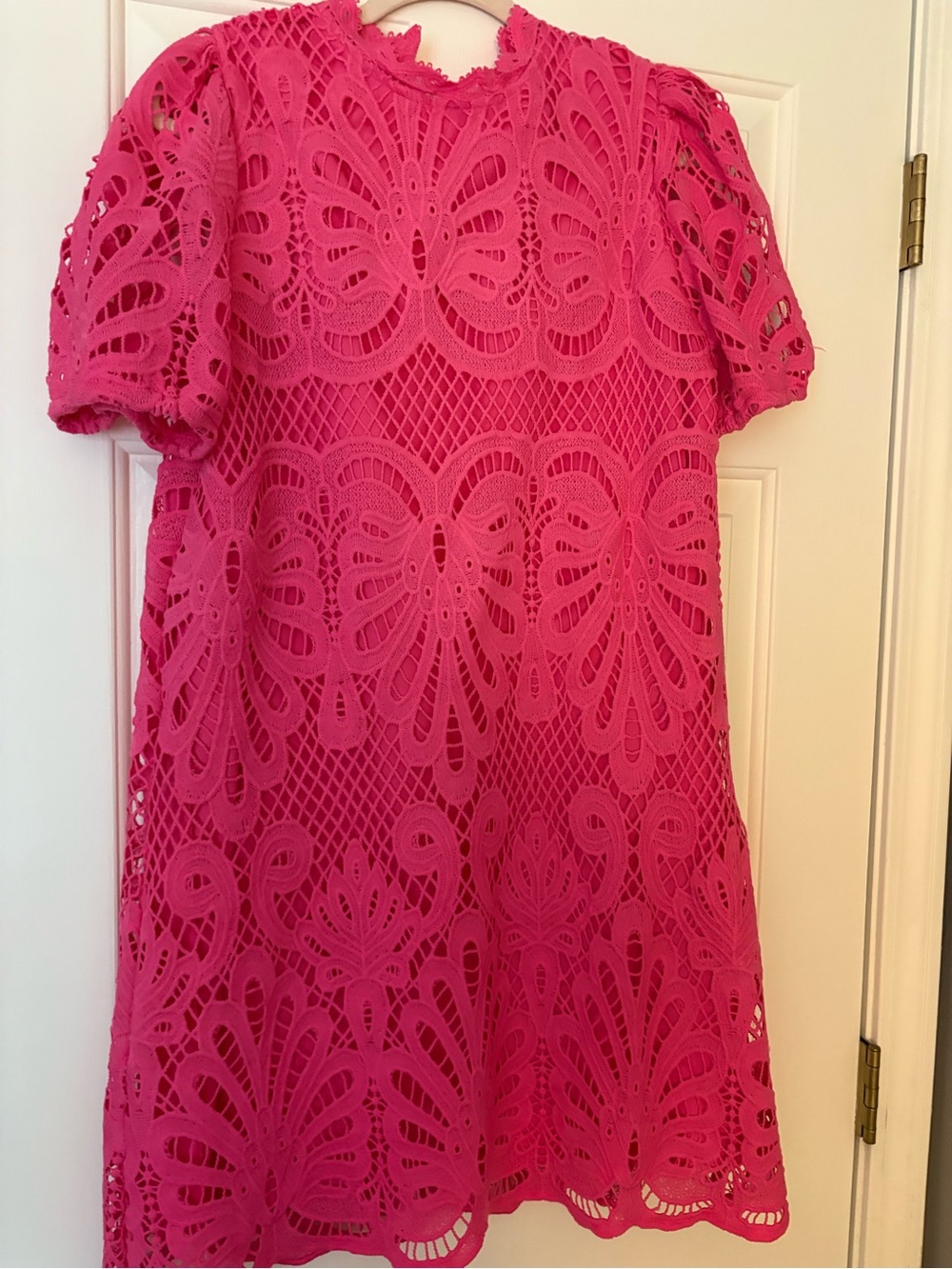 Women's Hot Pink Lace Shift Dress - Elegant Short Sleeve Formal